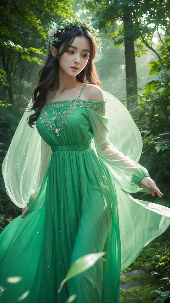 (Masterpiece, Top Quality, Best, Official Art, Beautiful and Aesthetic, Long Exposure: 1.2), Smooth Movement, Charming Patterns, 1 Girl, (Long Dress with Sleeves: 1.3), (((Green Clothes) )), upper body close-up, bare shoulders, Chinese girl, blush, black lob hair, portrait, 独奏, upper body, looking at the observer, detailed background, detailed face, (crystallineAI, crystalline theme:1.1), elemental wood elf, rotation foliage, control foliage, emerald clothing, dynamic pose, floating particles, ethereal dynamics, foliage, vapour, forest in the background, green tint, forest, ethereal atmosphere,
I would like the Indian Ganesha as a character.