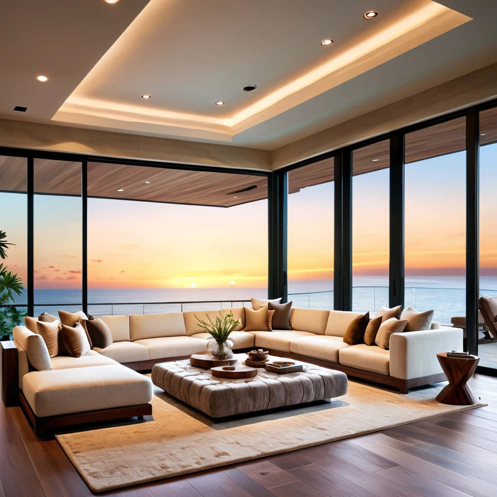 Design a luxurious and serene living room with a breathtaking ocean view. The space features a large, comfortable sectional sofa with plush cushions in neutral tones, accented by a few earthy colored pillows. The room has floor-to-ceiling windows that offer an uninterrupted view of the sunset over the ocean. The ceiling and walls are designed with natural stone, adding a rustic yet sophisticated feel. Include woven ottomans and a matching rug to enhance the cozy atmosphere. Soft, ambient lighting completes the serene and inviting space