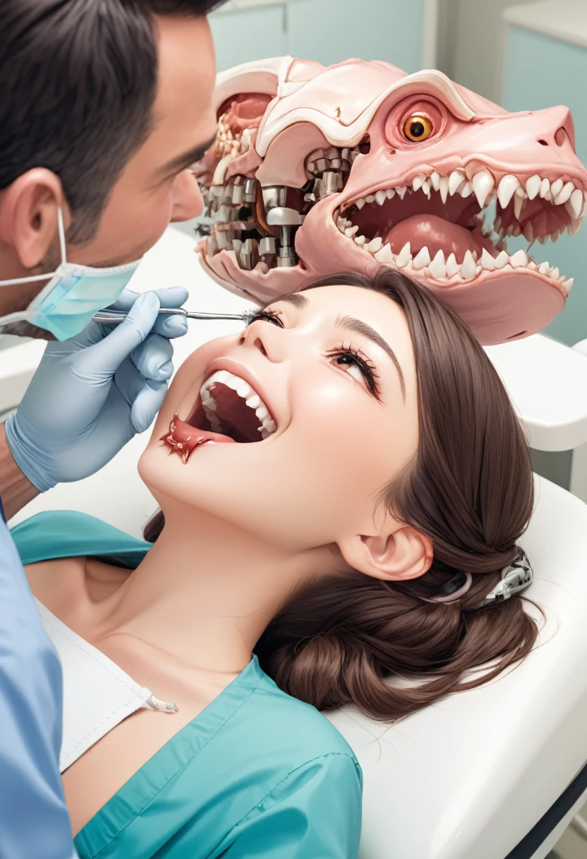 arafed woman getting her teeth checked by a dentist, Highly detailed back mouse, Drooling and baring teeth, Smaller mouth, Delicate jaws, Small chin, Underbite, Hinged jaw, dentist, The taste is simple and pleasant, Biomechanical open chewing mouth, Small and big smile, An unpleasant crooked smile, A kind smile, Open your mouth wide, Mouth details, Straight Joe