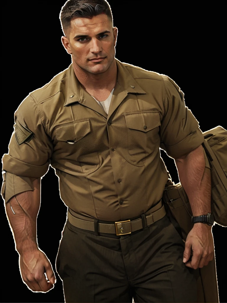 Illustration in Leyendecker style: full-length drawing shirtless Sean Strong - 29, 6'1", 205 lbs, cos, similar to Henry Cavill, but a face like Tom Hardy for inspiration, beutiful, but not model material, Dark Brown Hair, Almost black pool of eyes, Constant five-hour shadow, pouty lips, marine, MARSOC Artillery Sergeant, Head of the Operations Department of Divisions, wounded while escorting Iraqi security forces in north-central Iraq. Three GSWs (Cannon Gunshot wounds) Shattered middle of the left thigh, Shattered right clavicle, and the bullet touched the jawline on the right side of his face and tore off his right earlobe. At Pacific High School, San Bernardino, California, He had an A 3.7 GPA and was a quarterback on the football team. San Diego State University, He specialized in linguistics. He is fluent in Spanish, Arabian (Accent in Mesopotamian), and Gaeilge (Not offered at school, I studied it on my own) In honor of his ancestry. Played football for the San Diego State Aztecs for four years. After that, How he got his