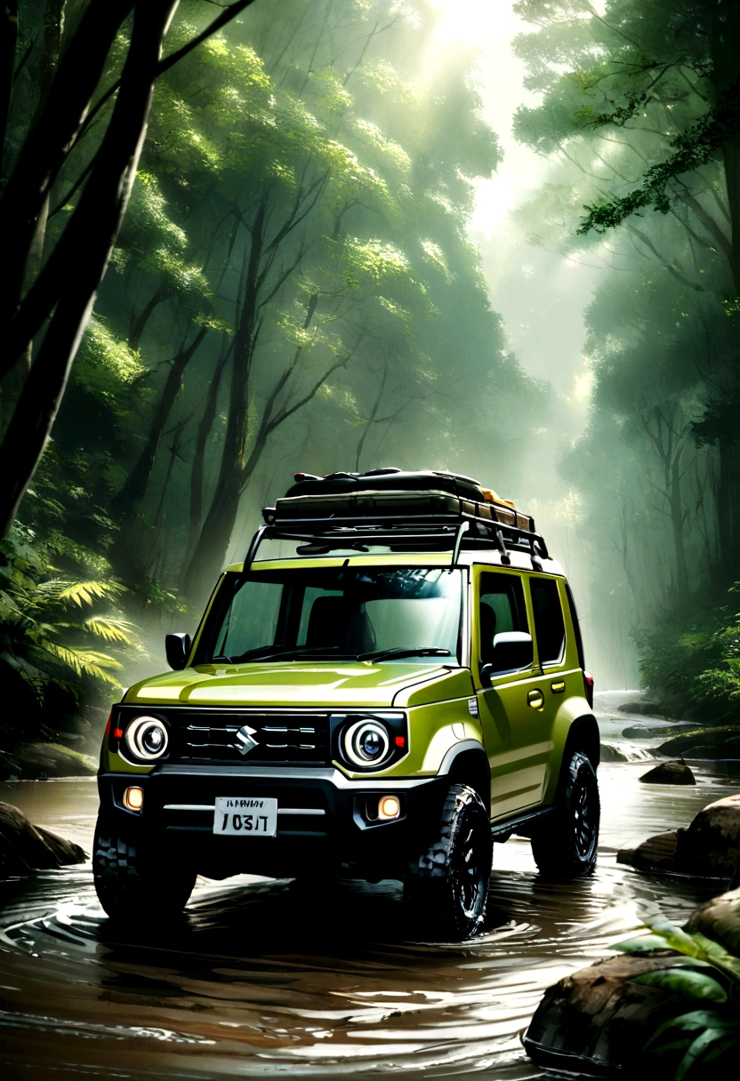 Ultra-realistic, 2015 Suzuki Jimny Jeep, with a roof rack, Suspension raised, Wading through mud in the middle of a mystical forest trail