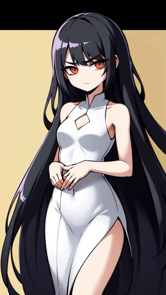 Black Hair Girl。Long Hair。Black eyes。Fleeting。Up to the chest。White dress。Background is solid color。Anime style illustrations。standing tall。The eyebrows are sharp。
