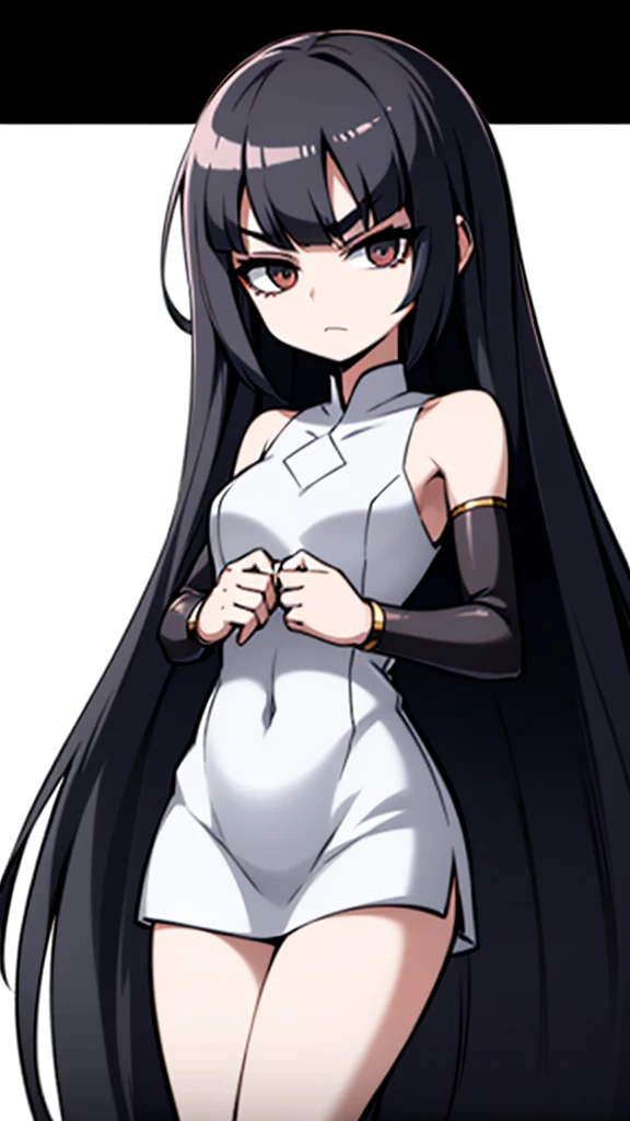 Black Hair Girl。Long Hair。Black eyes。Fleeting。Up to the chest。White dress。Background is solid color。Anime style illustrations。standing tall。The eyebrows are sharp。