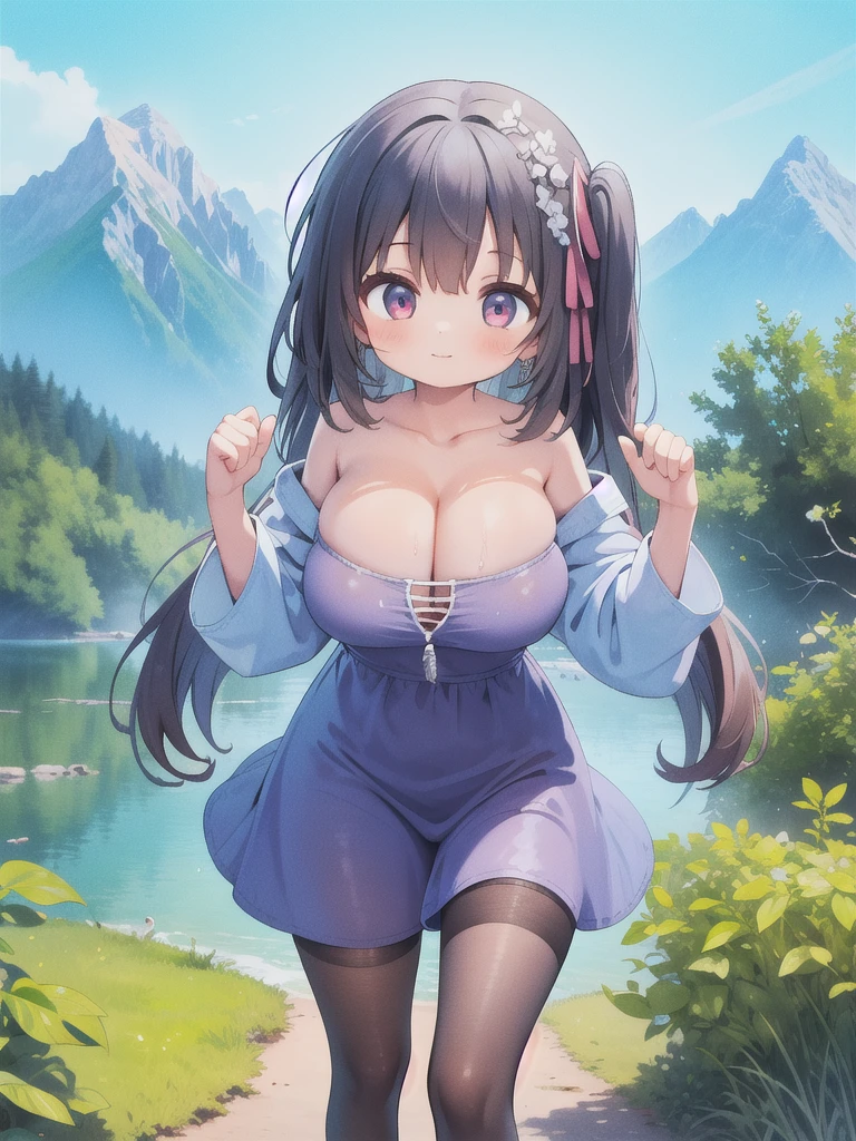 master-piece, bestquality, 1girls,, View viewers from front, HD, slight smile, big tits, cleavage, tights cloth, , tiny body, outdoor, mountain, red long hair, wet,