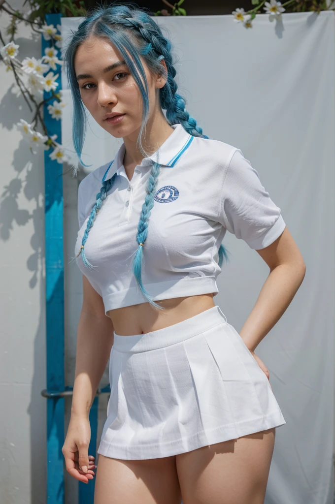 1 girl with blue hair in braids, body and face facing the front of the screen, eyes looking straight, looking forward, hair woven with many flowers, white skin, big breasts, big butt, multicolored short skirt, polo shirt white, with angel wings, standing next to an eagle, posing seductively