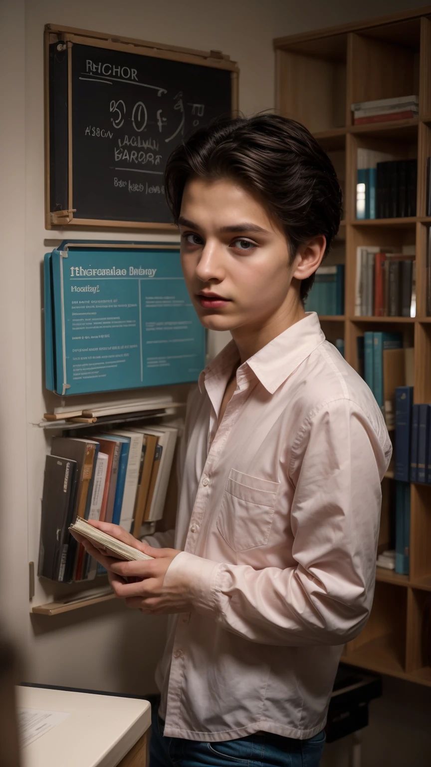 A young, cute, beautiful male twink with a face with makeup and red lips. He has black hair. He is wearing a bright white long-sleeved shirt and aqua blue jeans. He is a medical scientist. He is in his office, and behind him is a library of books, and next to him is a blackboard with written chemical reactions and blood cells on it.  He looks in amazement and shock.