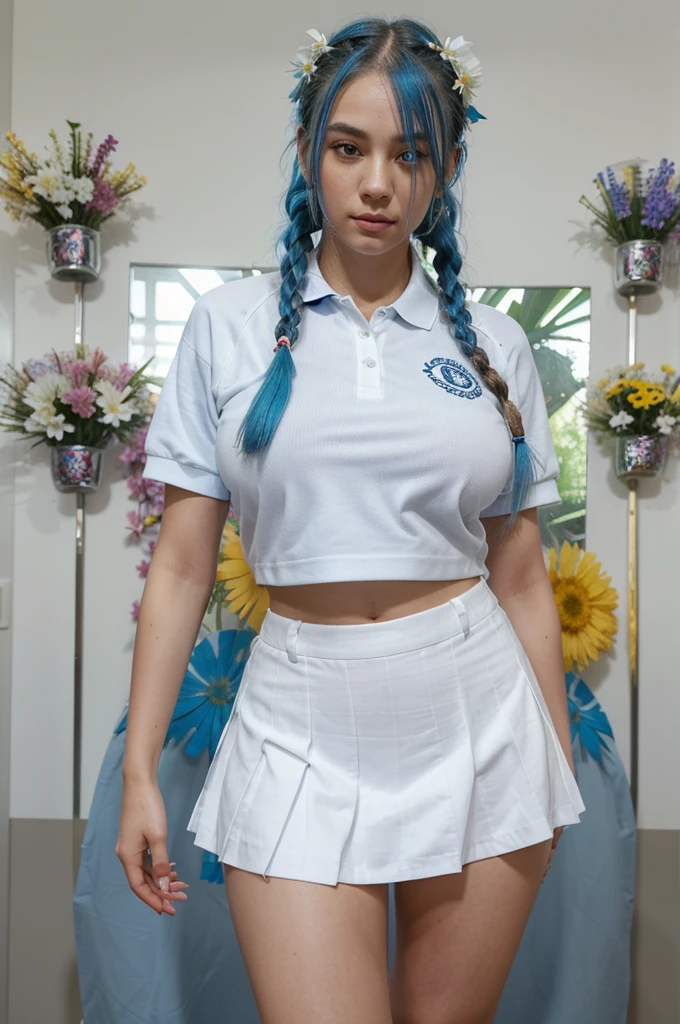 1 girl with blue hair in braids, body and face facing the front of the screen, eyes looking straight, looking forward, hair woven with many flowers, white skin, big breasts, big butt, multicolored short skirt, polo shirt white, with angel wings, standing next to an eagle, posing seductively