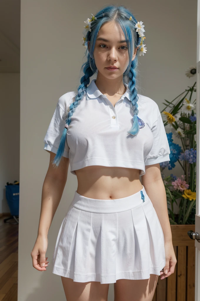 1 girl with blue hair in braids, body and face facing the front of the screen, eyes looking straight, looking forward, hair woven with many flowers, white skin, big breasts, big butt, multicolored short skirt, polo shirt white, with angel wings, standing next to an eagle, posing seductively