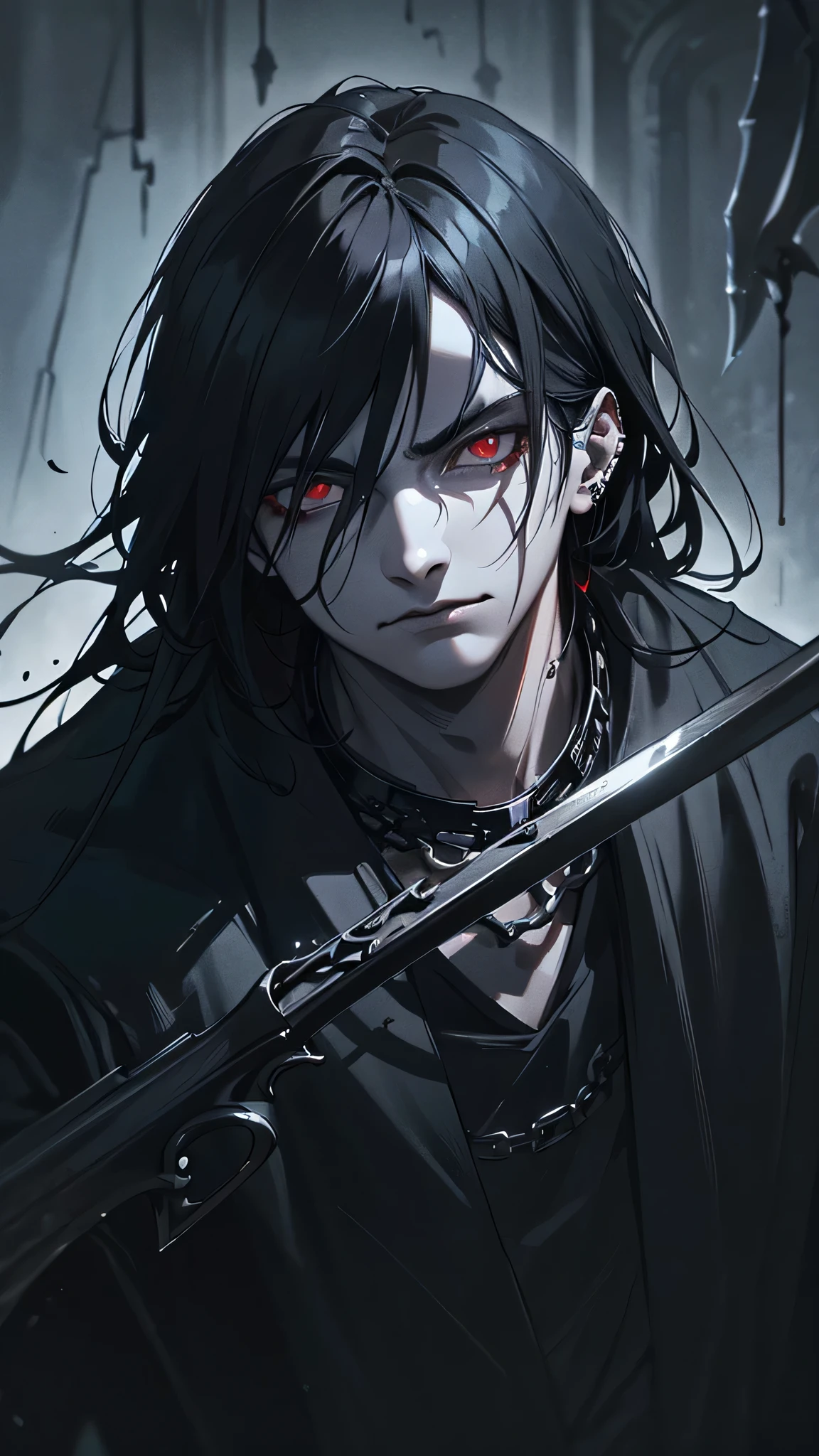 a male grim reaper, 20 years old, black hair, red eyes, piercing gaze, tattered black cloak, carrying a large scythe, moonlit night, bathed in moonlight, eerie atmosphere, dripping blood, 1 male, highly detailed face, dramatic lighting, realistic, dark fantasy, dramatic pose, chiaroscuro, cinematic, moody, supernatural, horror, gothic, dramatic shadows, ominous, supernatural, dark, gritty, photorealistic, hyper detailed, masterpiece