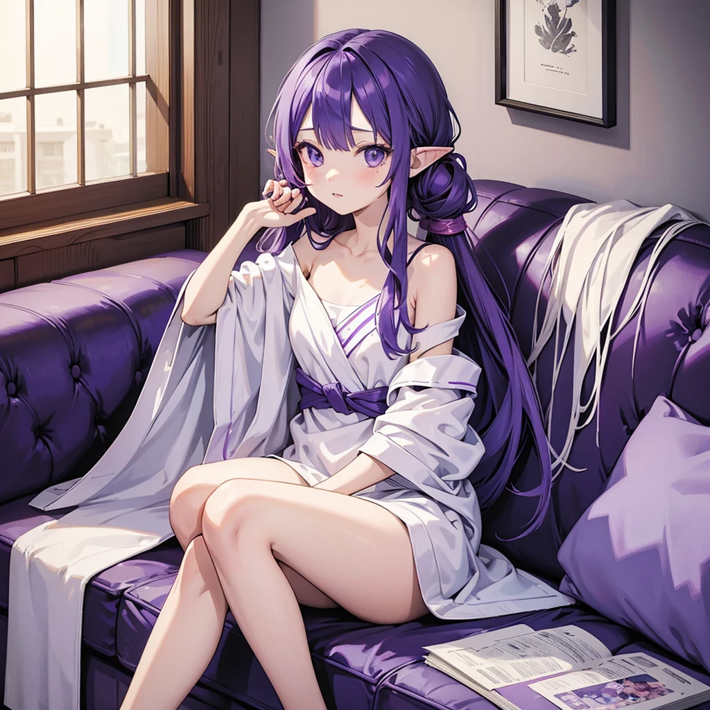 anime girl long purple hair Wrapped in a bath towel. she has pointy ears. Manga kawaii. iridescent ,An illustration, 0ne person,{{Sitting in a sofa}}