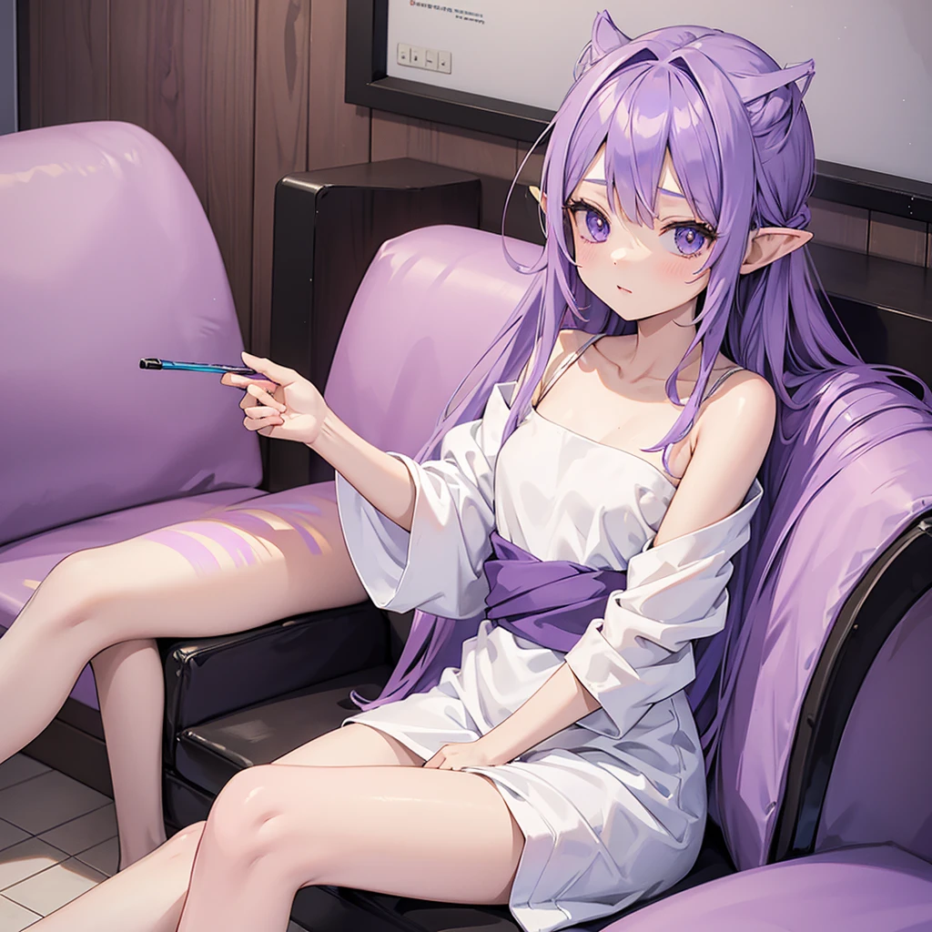 anime girl long purple hair Wrapped in a bath towel. she has pointy ears. Manga kawaii. iridescent ,An illustration, 0ne person,{{Sitting in a sofa}}
