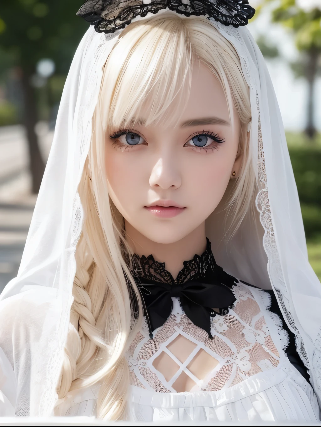 A young woman with striking white skin and large expressive eyes、She has short, curly platinum blonde hair.、It is partially covered by a black bonnet decorated with lace and intricate patterns.。There is a large circular white lace trim on the back of the hood.、It's becoming more and more glamorous。Her outfit was an intricate Victorian-style dress, mostly in black and white.、Ruffled lace、ribbon、The bow is multi-layered。The dress has a high neck and long sleeves.、The sleeves have elaborate lace cuffs。A long decorative chain and pendant hangs from the neck.。She is surrounded by white flowers and dark green leaves.、Contrast with the teal background。The lighting is soft、It creates a quiet and somewhat sad atmosphere.。Her expression is calm, but she is gazing into the distance.、Lips slightly open。The overall style is very detailed and delicate.、It combines elements of Gothic and Victorian fashion with a modern and fantastical twist.。