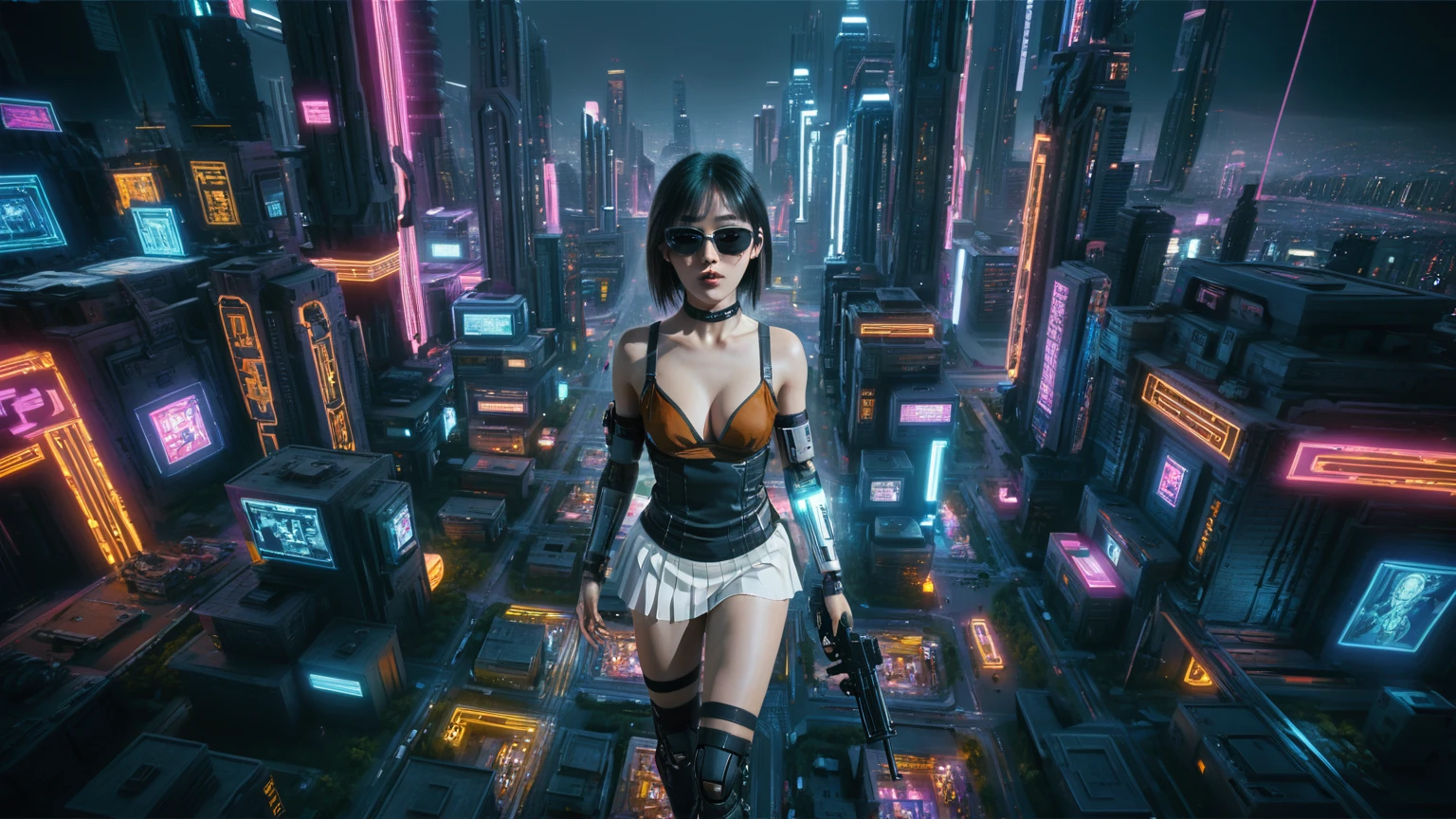 Cyberpunk female plagiarist immersed in digital theft, neon-lit alias within a vast online labyrinth, grotesque grunge brushing into surrealism, illuminated by kaleidoscopic volumetric light, a detailed masterpiece reminiscent of Moebius' distinctive style, deep focus, heightened depth field, psychedelic undertones amplified in a cinematic shot, (((((aerial view of cyberpunk city at night))))), (((((1girl, solo, alone))))), photo realistic, (((((large-breast:1.4 slim body, cleavage:1.4))))), (((off broken mini sling-shirt and black sling bra, (((extreamly short white pleated miniskirt, micro panty)))))), (((((running pose))))), (((((((matrix style black micro sunglasses))))))), ((((((((((aiming with a short gun)))))))))), (((((looking at camera))))), (((very low view))), (((((half-body thigh level medium shot))))), (((cinematic lighting))).