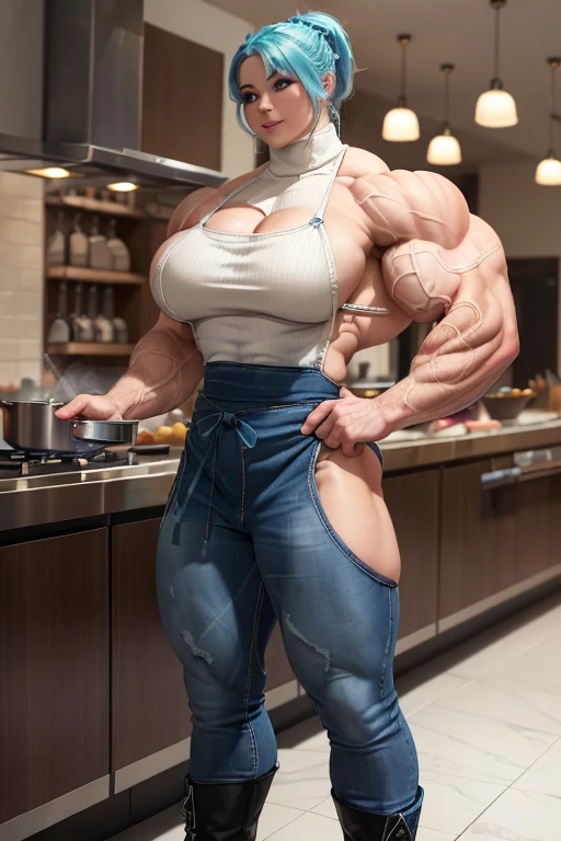 ((((Massive beautiful, buff, bulky, pale white skinned muscular, female chef with cyan hair, ginormous bulky muscles, cooking and wearing a cyan turtleneck sweater with a denim pants and a long apron)))), close view, vascular, massive muscle, massive biceps, hyper muscle shoulders, vascular shoulders, hyper muscle triceps, (long beachy hair), purple eyes, (denim pants), (high heel boots), sensual smile, (a long apron), (in a restaurant kitchen), at evening, Vascular arms, hyper vascular arm, hyper muscles arms, hyper muscle legs, massive buff arms