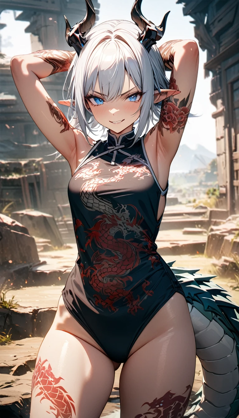 Young girl, white hair, blue eyes, dragon horns, dragon tail, battle form, open belly, dragon tattoo, sleeveless, tattoo, smirk, hands behind head, Masterpiece, best quality, Full HD, 8k, ultra details, great graphic