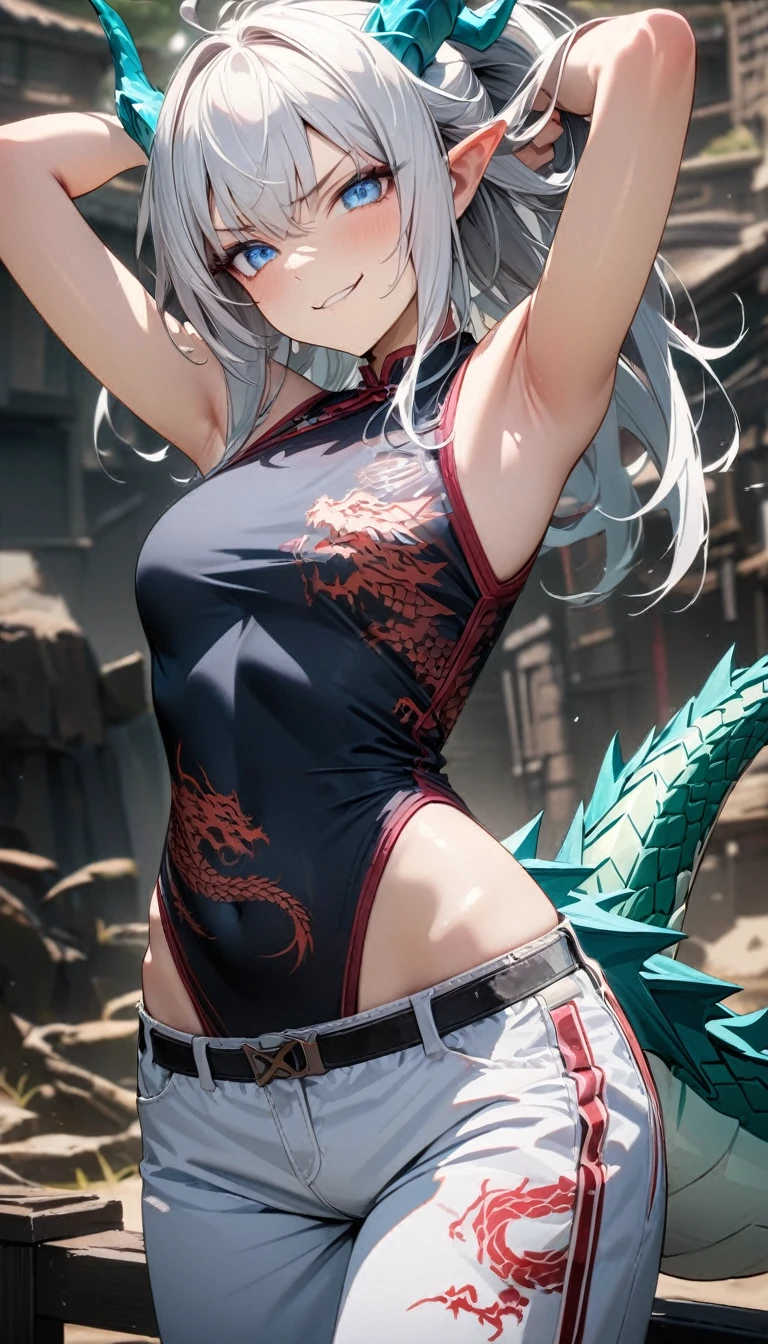 Young girl, white hair, blue eyes, dragon horns, dragon tail, battle form, open belly, dragon tattoo, sleeveless, tattoo, smirk, hands behind head, Masterpiece, best quality, Full HD, 8k, ultra details, great graphic