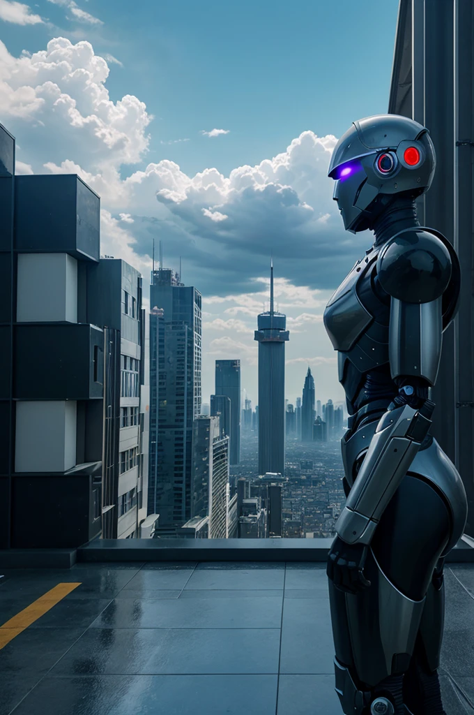 Sky, Clouds, holding_weapon, no_humans, Glow, Robots, Architecture, Science Fiction, Cities, Reality --v6