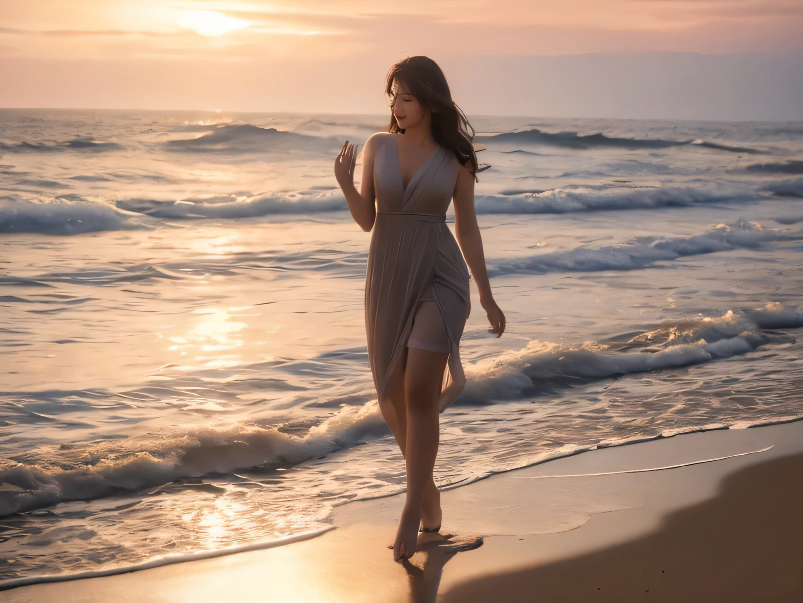 A romantic and serene beach scene at dusk, featuring a woman with a sense of longing, sensually reaching out with waves crashing on the shore. Full shot body perfect quality photo of the most beautiful romantic sunset featuring a woman sensually reaching out, serene, waves crashing on the shore, nostalgia, longing, beautiful sunset, sensual, silhouette, paradise, high resolution, high quality art by a famous artist, trending on ArtStation, trending on CGSociety, intricate, high detail, sharp focus, dramatic, photorealistic painting art by a renowned artist.