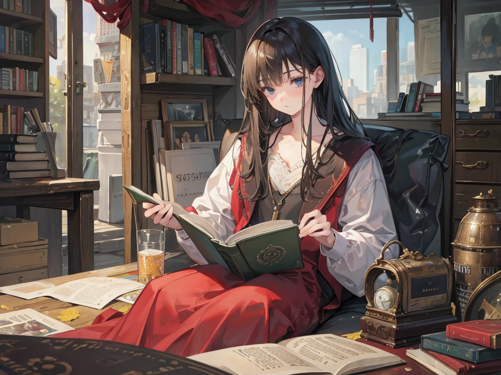 ((realism)), extremely high quality RAW photograph, Detailed background, complicated, messy hair, Beautiful details and textures, Highly detailed, A person sits and reads a book and then sleeps next to him.