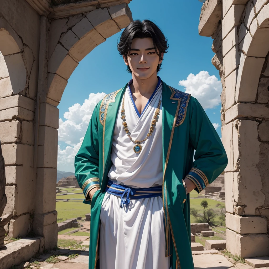 Eunwoo actor and kpop idol more realism in hair and clothing.
Generates a representation of Eunwoo as the god of fertility in the ruins of Teotihuacan, with blooming fields around him and a radiant smile that brings abundance to the land. Create a detailed representation of a pre-Hispanic Mexican god with black hair, pecas y ojos verde y blue fusionados en un solo iris.