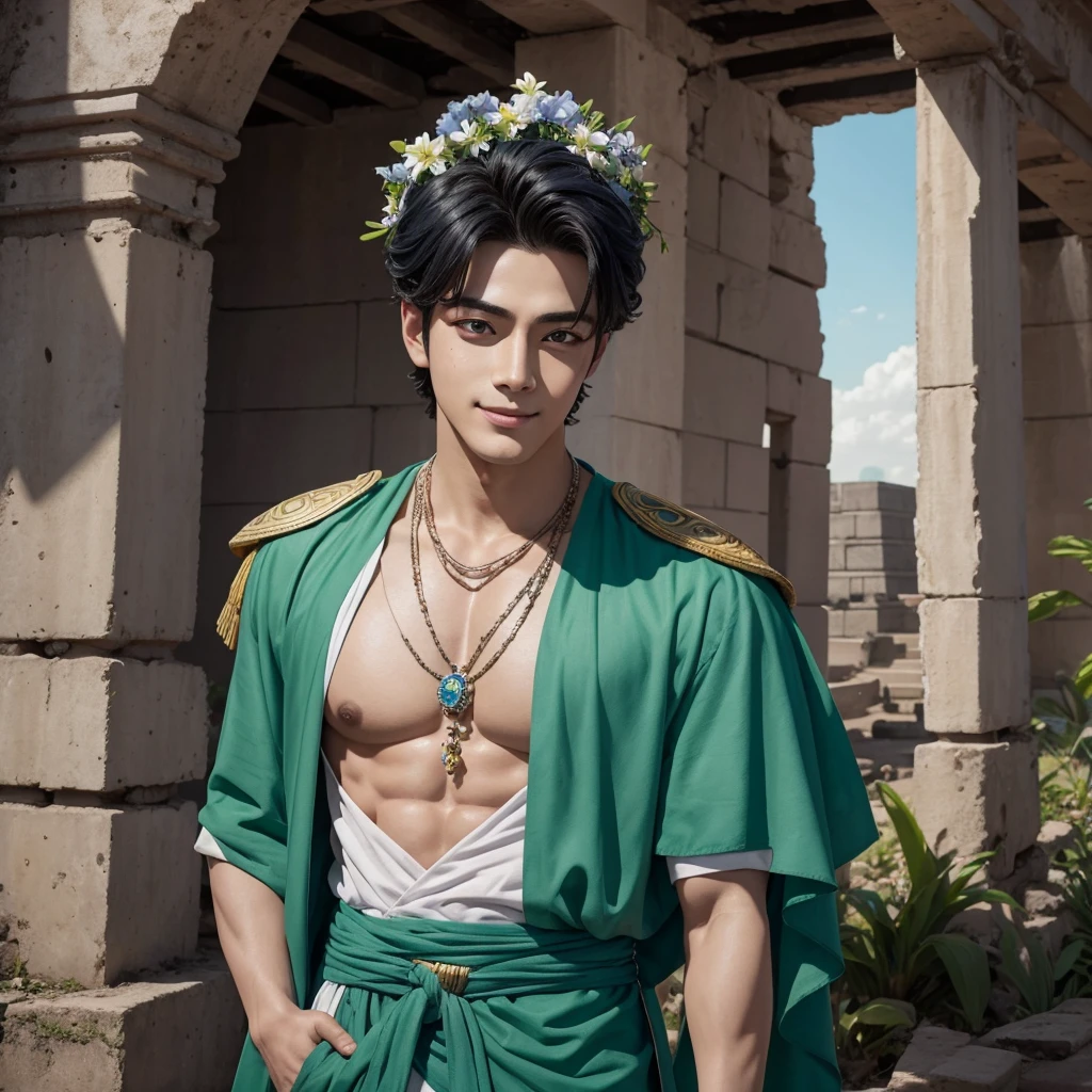 Eunwoo actor and kpop idol more realism in hair and clothing.
Generates a representation of Eunwoo as the god of fertility in the ruins of Teotihuacan, with blooming fields around him and a radiant smile that brings abundance to the land. Create a detailed representation of a pre-Hispanic Mexican god with black hair, pecas y ojos verde y blue fusionados en un solo iris.

