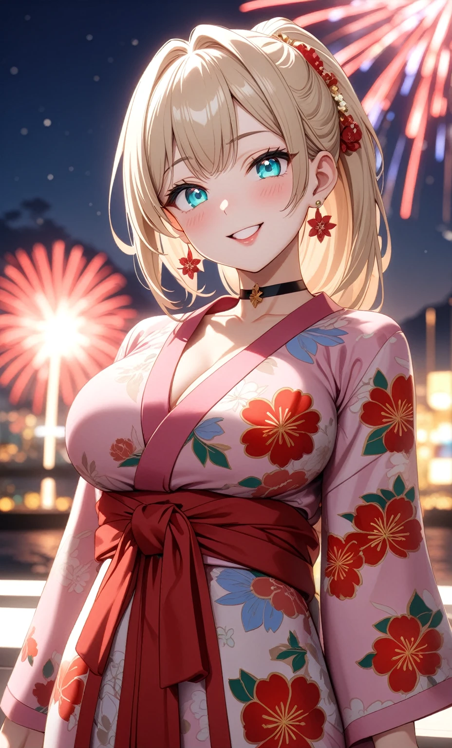 ((One personの女性)), Beautiful Face, ((Laughing embarrassedly)), (laugh),((Wink:1.7)), (head tilt), Laugh with your mouth wide open,((Bright red cheeks:1.4)),Shiny red lips,night,横浜のnight景,You can see the ocean, firework,Laughing with your mouth open,Glossy pink lips,Facial lighting,((Anime style background)),masterpiece, Highest quality, so beautiful,up to date, Complex details, (Pink long nails),(ring),(bracelet),(choker),AI-generated, Complex,High resolution, Highest quality, super high quality,3D Images、3D Images,One person,Long blonde hair,High Ponytail,(turquoise blue eyes),Anime woman posing for a photo, ((Fine grain、Colorful eyes、Shining Eyes:1.3)),(Squint your eyes:1.1),a hyperRealistic , hyperRealistic , Realistic,Anime woman with long white hair, Smooth anime CG art, A woman in a colorful kimono with gold embroidery, (Pink long sleeve kimono),Red floral pattern,Long flower hair ornament,Earrings,Mature Body,(Big Breasts:1.1),Tall,Abdominal muscles,Tight waist,(Zoom up to face:1.6),(front view),