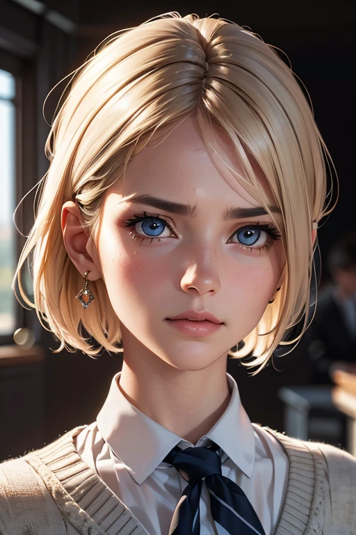 beautiful eyes, beautiful lips,(furrowed brow) , longeyelashes,(slender),((one-length haircut )),looking away,Cardigan,displeased, office lady, professional business attire, office setting, desk, computer,, (highres,masterpiece:1),detailed,(realistic,photorealistic,photo-realistic:1),HDR,UHD,studio lighting,ultra-fine painting,sharp focus,physically-based rendering,extreme detail description,professional,vivid colors,bokeh,intricate details,highly realistic,photorealistic portrait