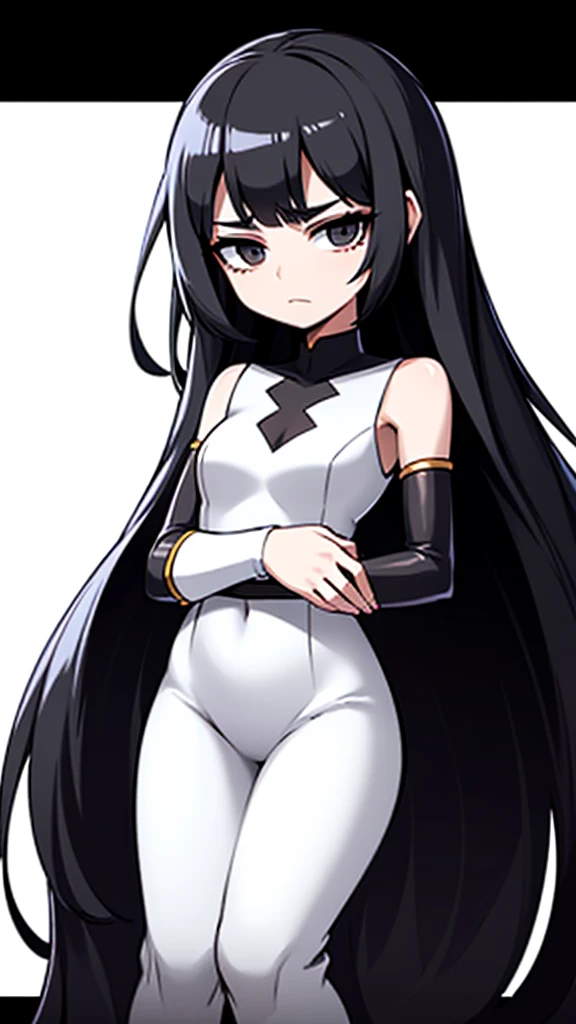 Black Hair Girl。Long Hair。Black eyes。Fleeting。Up to the chest。White dress。Background is solid color。Anime style illustrations。standing tall。Parallel eyebrows。