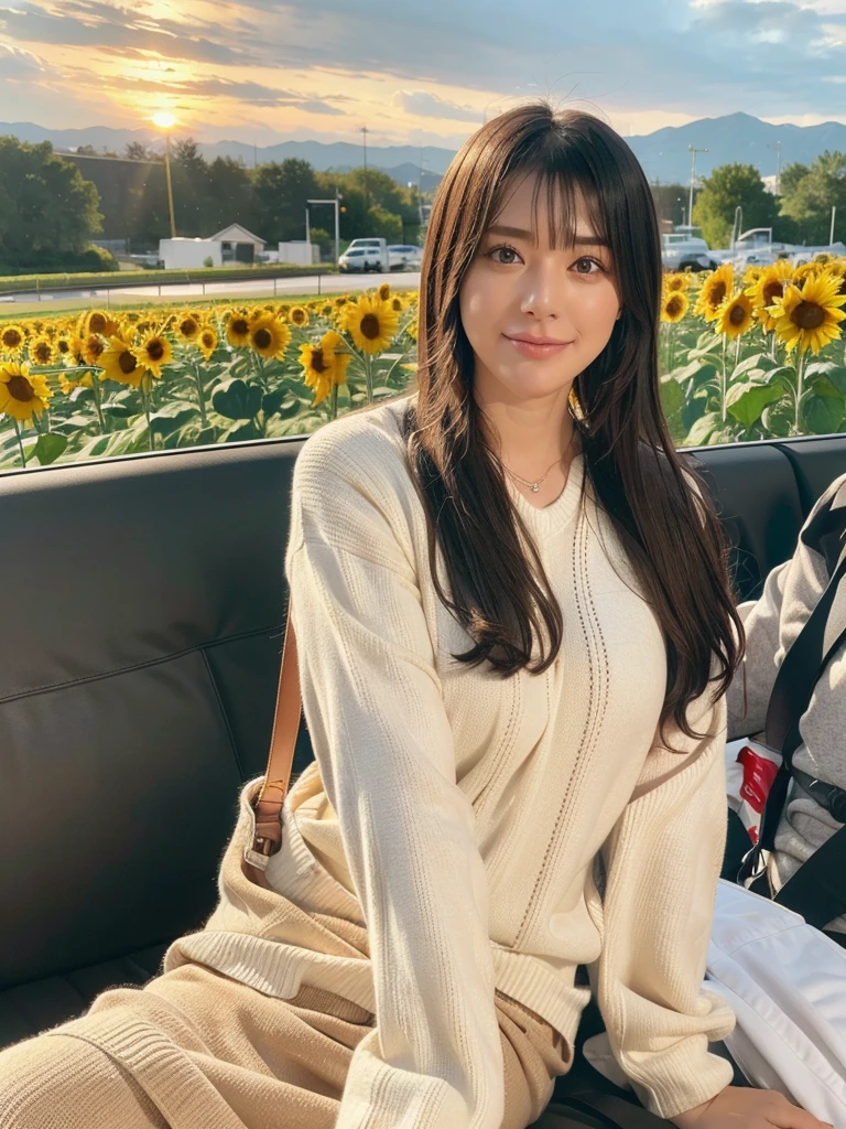 rie,One Woman,(best quality), (ultra detailed), (absolutely resolution),Face is front, 32 years old, Place one hand on your thigh, Cable knit and overall skirt, The color of the dress is Sienna, The pattern on the clothes is tribal, Brown Hair, Earrings, Sunflower fields at sunset、Golden shining flower々and the sunset sky