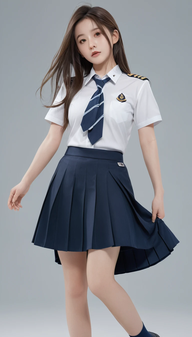 (Extremely detailed CG:1.2), (masterpiece:1.2), (best quality:1.2),,((absurd)),Looking at the audience,whole body, ,(1 Girl),Solitary,(Long hair),(Mataiyong uniform),(White short sleeve shirt),(navy_Blue pleated skirt),(Long skirt),Dynamic Angle,permanent,Dynamic poses,((Exquisite facial features)),, 