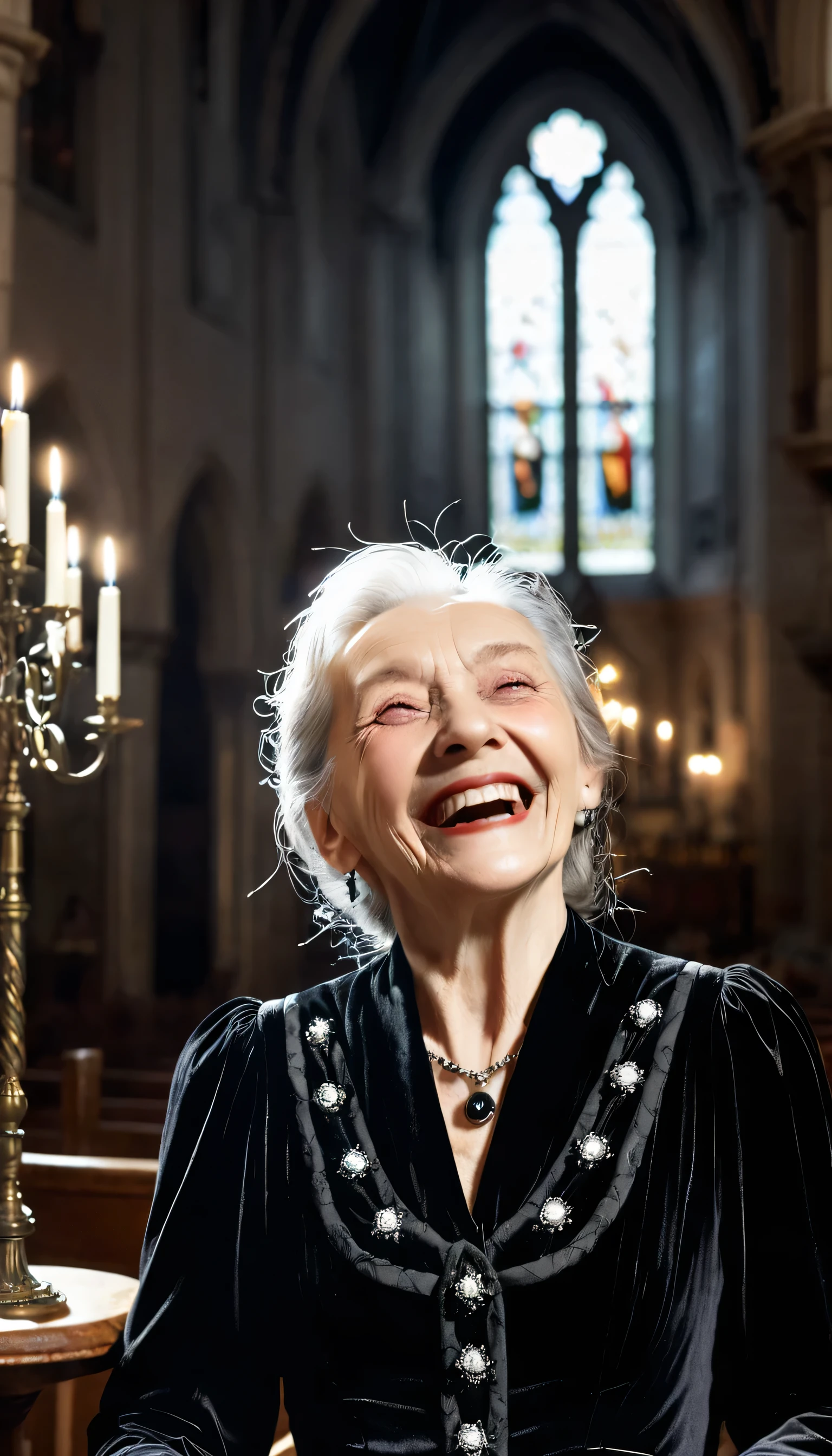 an old woman with the bearing of a madame in a velvet dress laughing wickedly with black eyes and lights and shadows in all art with a background of a Gothic interior church, Gothic