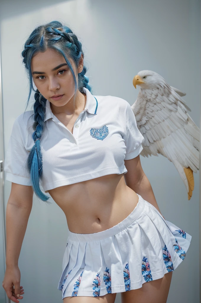 1 girl with blue hair in braids, body and face facing the front of the screen, eyes looking straight, looking forward, hair woven with many flowers, white skin, big breasts, big butt, multicolored short skirt, polo shirt white, with angel wings, standing next to an eagle, posing seductively