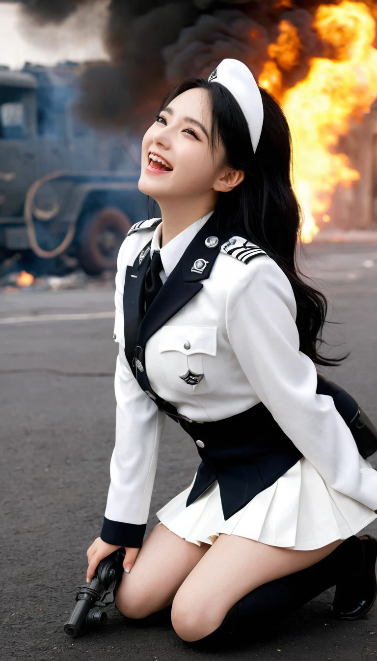 Masterpiece, top quality, ruined city and fire in the background, anime girl in uniform kneeling on the ground, white Nazi SS Militari, 4K manga wallpaper, BLEACH, Exterminator, Shalltear Bloodfallen, badass anime 8K, gapmoe yandere, yandere, albedo from Anime Overlord, creepy grin, crazy laugh, angled laughter at the corners of the mouth, black hair long hair, White miniskirt, white long-sleeved military uniform