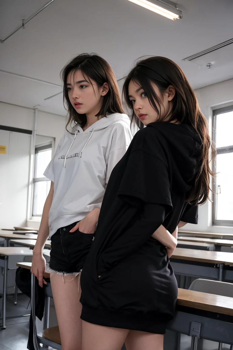 deux femmes ensemble de 18 ans sexy et mince , black short sleeve hoodie , salle de classe, se touche,position sey,sensuel