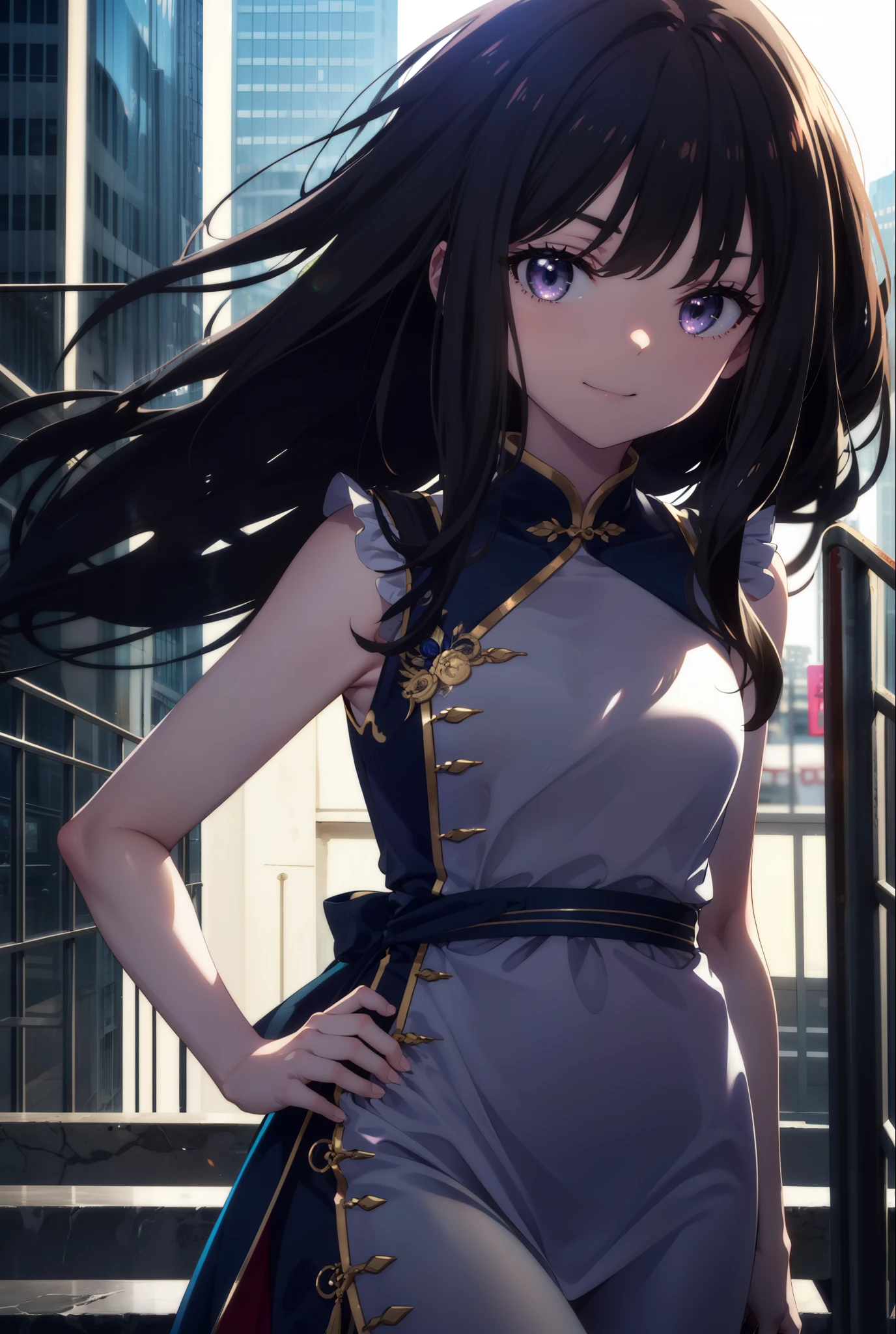 Takiuchi, Check it out, Long Hair, bangs, Black Hair, (Purple eyes:1.2),happy smile, smile, Close your mouth,Bossy,
Sleeveless blue Chinese dress,Blue long slit,Black pantyhose,Stiletto heels,whole bodyがイラストに入るように,Place your hands on your hips,
break outdoors,Building district,
break looking at viewer, whole body,
break (masterpiece:1.2), Highest quality, High resolution, unity 8k wallpaper, (shape:0.8), (Fine and beautiful eyes:1.6), Highly detailed face, Perfect lighting, Highly detailed CG, (Perfect hands, Perfect Anatomy),
break outdoors, city,
break looking at viewer, (Cowboy Shot:1.5),
break (masterpiece:1.2), Highest quality, High resolution, unity 8k wallpaper, (figure:0.8), (Beautiful attention to detail:1.6), Highly detailed face, Perfect lighting, Highly detailed CG, (Perfect hands, Perfect Anatomy),