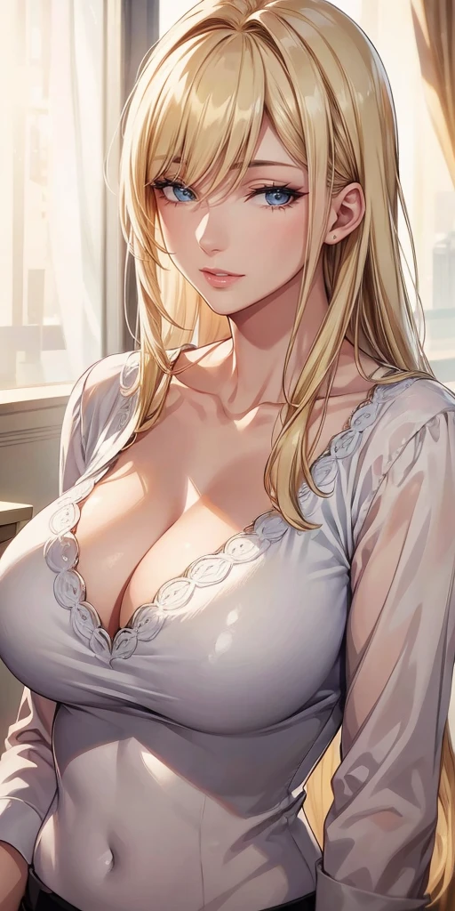 Anime style, Elegant mature woman, blue eyes, blonde hair, soft light, high detailed, 4k resolution, high quality