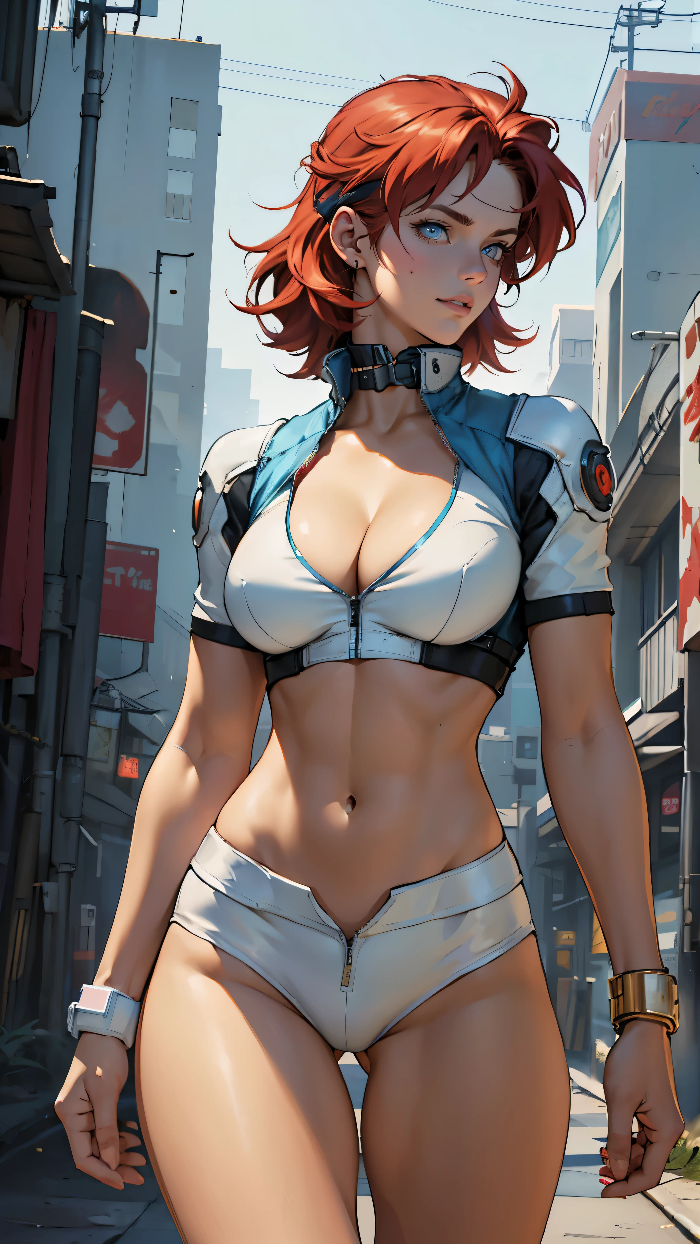 ((Masterpiece, highest quality; 1.3)), super quality, beautiful detail, super detailed, extra fine, 16K, exquisite, absurd, high resolution, beautiful background, detailed background, beautiful eyes, beautiful skin, anime style, Kay from Dirty Pair in a white outfit, tight outfit, cleavage, bushy redhead beauty, very light blue uniform, wearing tight clothes, skimpy, (mid chest: 1.2), cleavage, cleavage, slim waist , thin waist, slim thighs, thin legs, slim legs. thigh gap, showing stomach, skinny, thin hips, cyberpunk city background, holding retro space gun , headband,