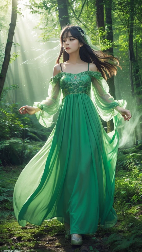 (Masterpiece, Top Quality, Best, Official Art, Beautiful and Aesthetic, Long Exposure: 1.2), Smooth Movement, Charming Patterns, 1 Girl, (Long Dress with Sleeves: 1.3), (((Green Clothes) )), upper body close-up, bare shoulders, Chinese girl, blush, black lob hair, portrait, 独奏, upper body, looking at the observer, detailed background, detailed face, (crystallineAI, crystalline theme:1.1), elemental wood elf, rotation foliage, control foliage, emerald clothing, dynamic pose, floating particles, ethereal dynamics, foliage, vapour, forest in the background, green tint, forest, ethereal atmosphere,
I would like the Indian Ganesha as a character.