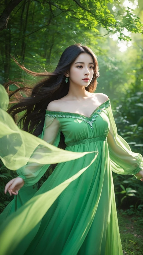 (Masterpiece, Top Quality, Best, Official Art, Beautiful and Aesthetic, Long Exposure: 1.2), Smooth Movement, Charming Patterns, 1 Girl, (Long Dress with Sleeves: 1.3), (((Green Clothes) )), upper body close-up, bare shoulders, Chinese girl, blush, black lob hair, portrait, 独奏, upper body, looking at the observer, detailed background, detailed face, (crystallineAI, crystalline theme:1.1), elemental wood elf, rotation foliage, control foliage, emerald clothing, dynamic pose, floating particles, ethereal dynamics, foliage, vapour, forest in the background, green tint, forest, ethereal atmosphere,
I would like the Indian Ganesha as a character.