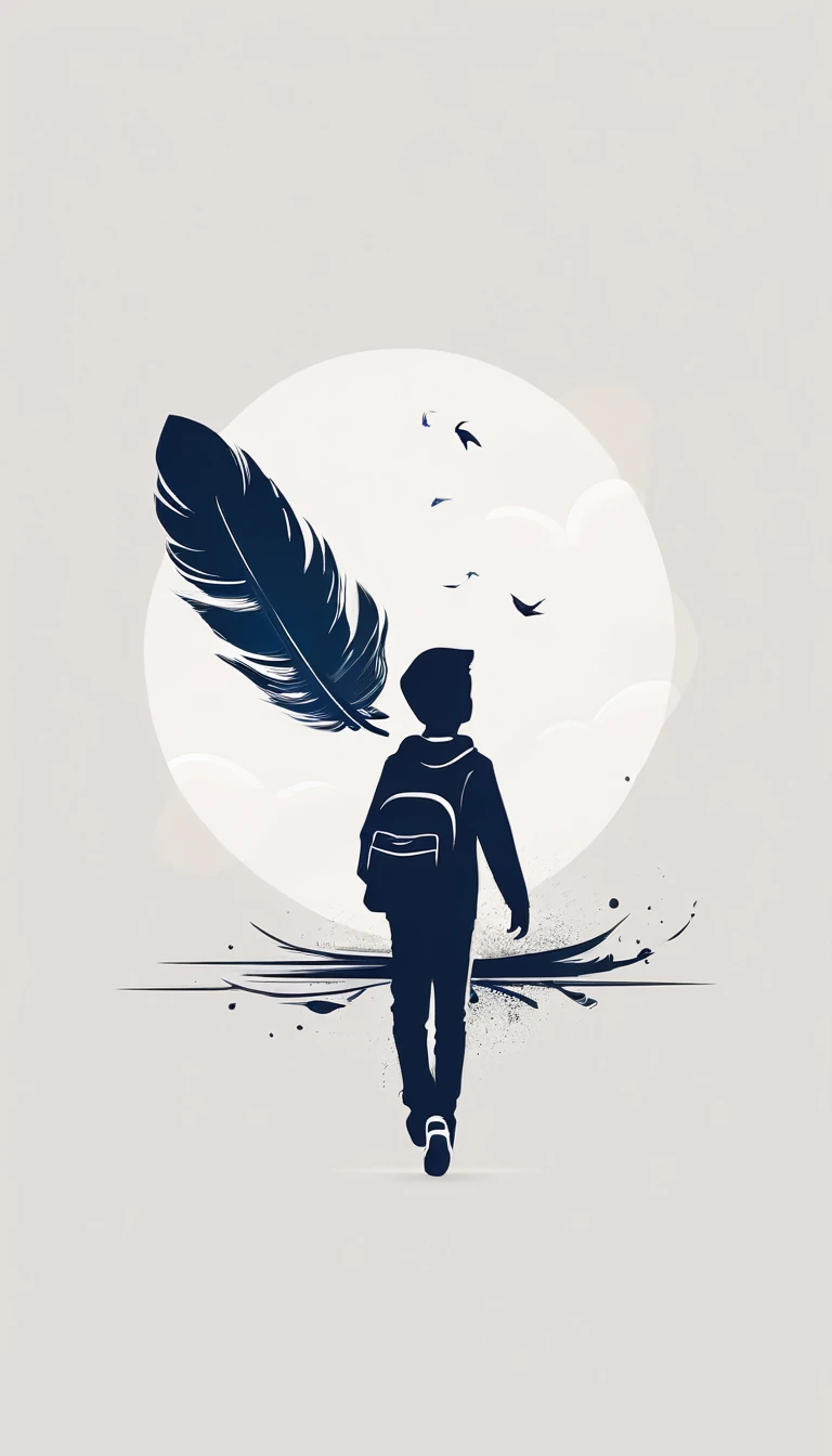 Create a minimalistic, simple, fantastic, easy to understand, logo design of a boy chasing memories with a feather.