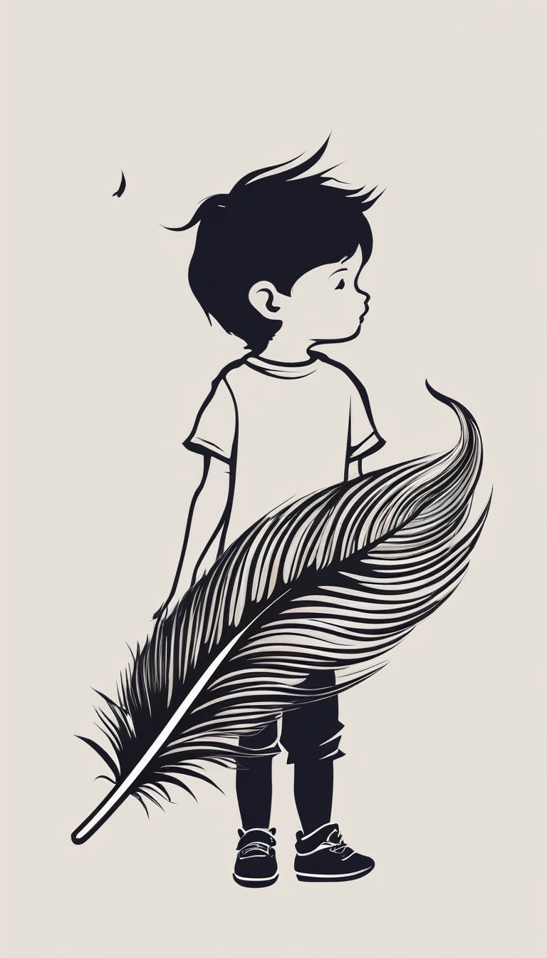 Create a minimalistic, simple, fantastic, easy to understand, logo design of a boy chasing memories with a feather. 