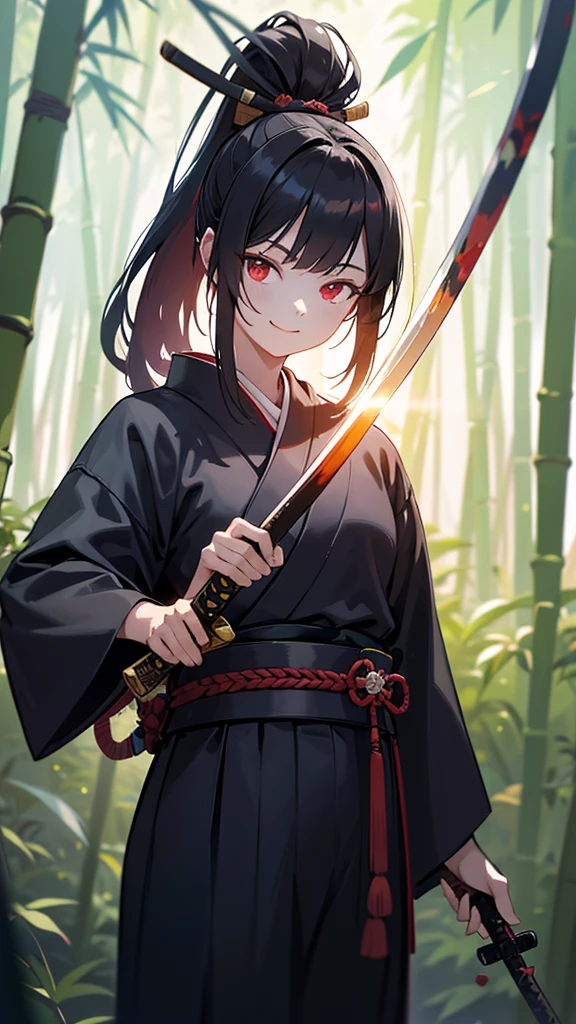 samurai, unshaved, black hair tied up, holding a japanese sword, smiling, red eyes, bamboo forest, cool atmosphere, japanese sword is shining, rays of light, best quality, 4k, 8k, highres, masterpiece:1.2, ultra-detailed, realistic, photorealistic:1.37, HDR, UHD, studio lighting, ultra-fine painting, sharp focus, physically-based rendering, extreme detail description, professional, vivid colors, bokeh