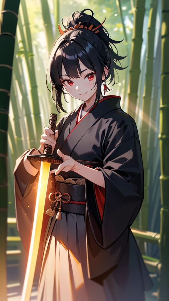 samurai, unshaved, black hair tied up, holding a japanese sword, smiling, red eyes, bamboo forest, cool atmosphere, japanese sword is shining, rays of light, best quality, 4k, 8k, highres, masterpiece:1.2, ultra-detailed, realistic, photorealistic:1.37, HDR, UHD, studio lighting, ultra-fine painting, sharp focus, physically-based rendering, extreme detail description, professional, vivid colors, bokeh