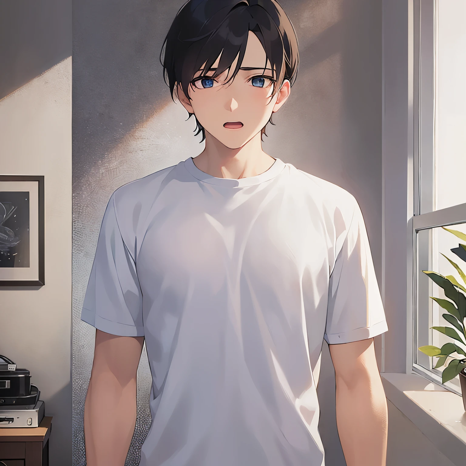 (looking away:1.5), upper body、shiny skin, masterpiece、Highest quality、(25-year-old male:1.5) and (Black short hair) and (blue eyes), White T-shirt、Are standing、open mouth, (surprised:1.2)、The background is the living room、alone