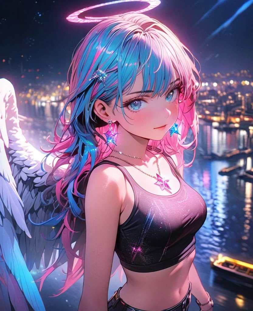 8K,Gal，Beautiful and realistic skin,Sparkling jewel earrings，Pink glowing tattoo,Long and colorful hair,blue eyes,Tank top,hot pants,Angel Wings,whole body,Night view