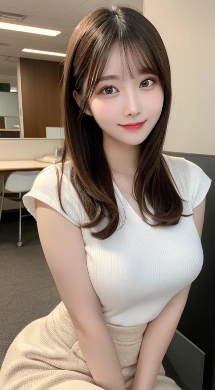Tabletop, Highest quality, shape, Very detailed, finely, High resolution, 8k wallpaper, 完璧なダイナミックな構shape, Beautiful and exquisite, Medium Hair, Small breasts, Natural color lip, Random sexy poses,smile,20-year-old girl、Midnight、Beautiful and elaborate face、Perfect and beautiful face,Big eyes、RAW Photos、A feminine pose using the whole body、Beautiful and exquisite、Japanese office lady style、White shirt and mini skirt、Her chest is wide open、Tight face and figure,Beautiful golden ratio face,Twin ponytail