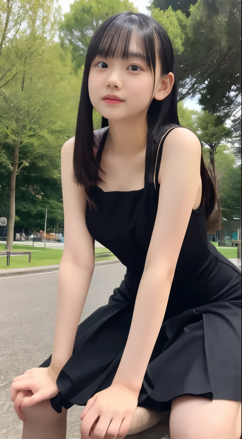 Photo quality,Masterpiece,Realistic,( cute Japanese girl:1.9),(Detailed young face:1.9),(Very embarrassed look:1.9),(Angle from below,Thin legs:1.9),(Wearing black Gothic Lolita fashion:1.9)(Adult video package shoot:1.9),(Posing to seduce men in the park,Inner thigh visible:1.9),((Droopy eyes:1.9)),((Body type of a 14 year old Tits:1.9)),(Cute school girl hairstyle:1.9),((Skinny Legs)),Very pale skin,Show your forehead,Detailed body,Detailed hands,No makeup