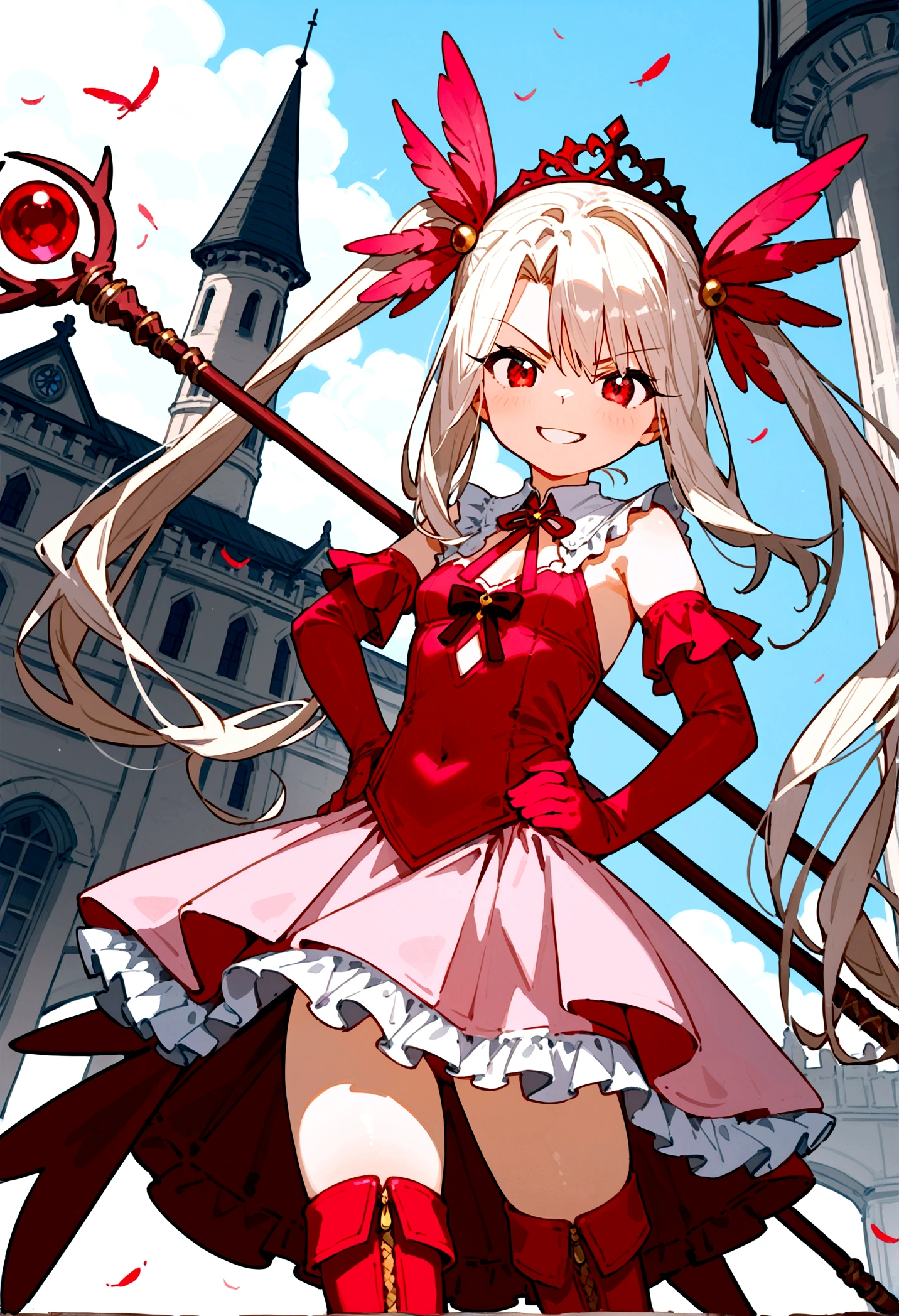 (score_9,score_8_up,score_7_up),(cowboy shot),looking at viewer,1girl,,illyasviel von einzbern,fate \(series\),white hair,red eyes,long hair,twin tails,hair ornament,feathers,pink dress,elbow gloves,magic girl,pink thigh Boots,standing,simple background,white background,serious grin,standing,((holding rubystaff)),hand on hip,mansion,fighting stance