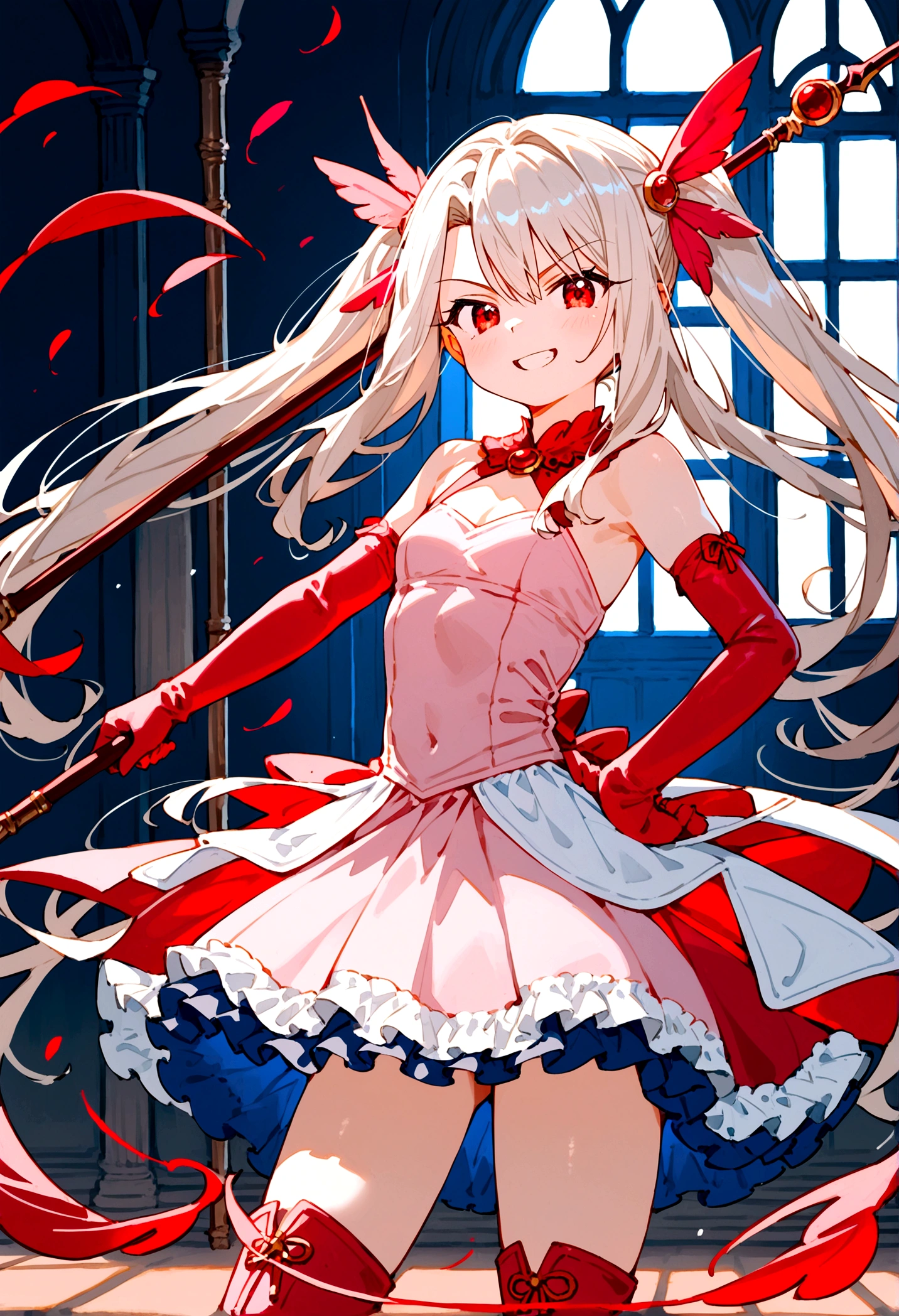 (score_9,score_8_up,score_7_up),(cowboy shot),looking at viewer,1girl,loli,illyasviel von einzbern,fate \(series\),white hair,red eyes,long hair,twin tails,hair ornament,feathers,pink dress,elbow gloves,magic girl,pink thigh Boots,standing,simple background,white background,serious grin,standing,((holding rubystaff)),hand on hip,mansion,fighting stance