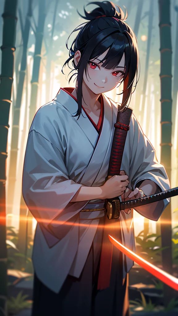 samurai, unshaved, black hair tied up, holding a japanese sword, smiling, red eyes, bamboo forest, cool atmosphere, japanese sword is shining, rays of light, best quality, 4k, 8k, highres, masterpiece:1.2, ultra-detailed, realistic, photorealistic:1.37, HDR, UHD, studio lighting, ultra-fine painting, sharp focus, physically-based rendering, extreme detail description, professional, vivid colors, bokeh